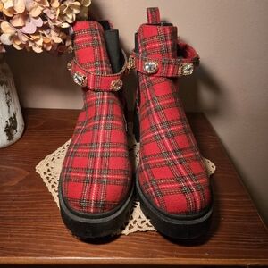 Very Cute Red Plaid Ankle boots with Jewels around ankle. Excellent Condition